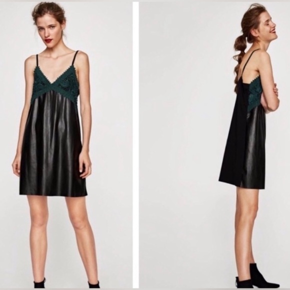 Zara Trafaluc Vegan black leather and gorgeous teal lace slip dress. Size Small - Picture 1 of 8
